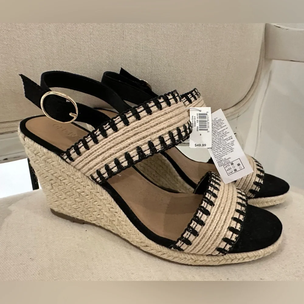 NWT Size 8 Stylish Black and Tan Wedge Raffia espadrille Sandals Shoes - Picture 10 of 11
